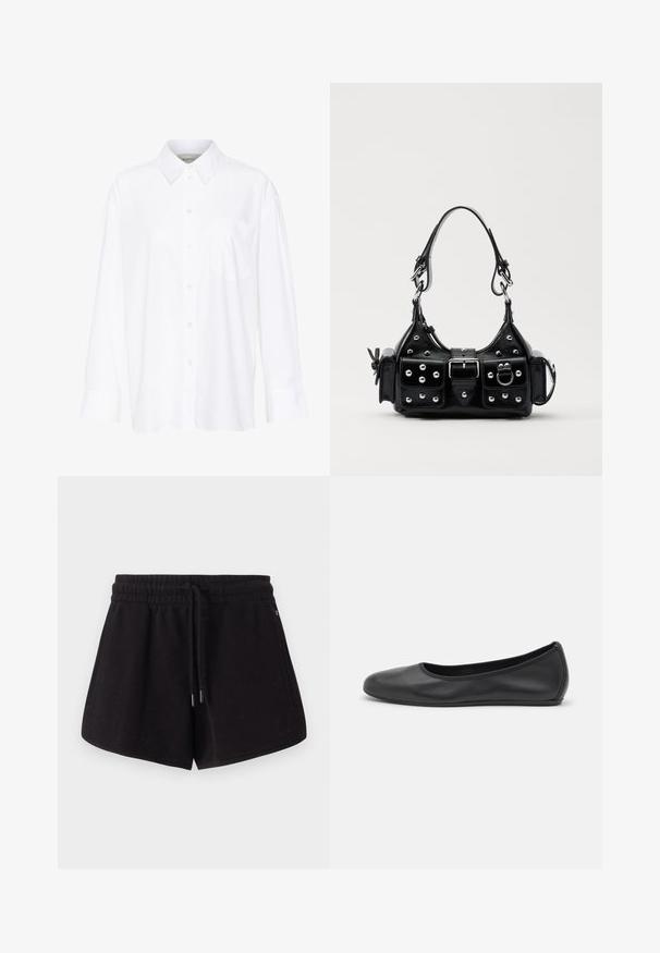 White long-sleeve collared shirt made of cotton. Features a button-down front and a single chest pocket. Smooth texture, relaxed fit.; Black athletic shorts made of soft fabric. Features an elastic waistband with drawstring, side pockets, and a relaxed fit.; Black leather ballet flat with a rounded toe, smooth texture, minimal stitching detail, and a flexible sole design.; Black leather handbag with a curved design, featuring silver studs, a buckle, and two side pockets. Adjustable strap for carrying options.