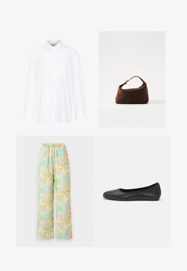 Biela košeľa s dlhým rukávom a golierom vyrobená z bavlny. Má zapínanie na gombíky vpredu a jednu náprsníku vrecko. Hladká textúra, voľný strih.; Široké nohavice z ľahkého materiálu s pastelovým vzorom rýb a rastlín. Elastický pás s detailom na šnúrku.; Čierne kožené baleríny s okrúhlou špičkou, hladkým povrchom, minimálnym prešívaním a flexibilným dizajnom podrážky.; Hnedá semišová kabelka s zakriveným tvarom, krátkym držadlom a zlatými kovovými detailmi. Hladký povrch a minimalistický dizajn.
