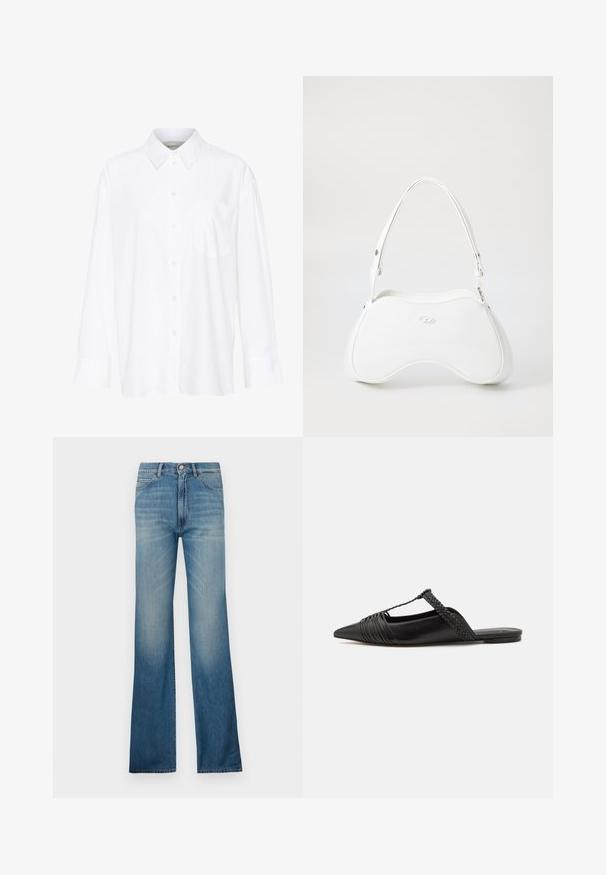 Balta ilgomis rankovėmis marškiniai su apykakle, pagaminti iš medvilnės. Su mygtukų užsegimu priekyje ir viena krūtinės kišenė. Lygus paviršius, laisvas siluetas.; Mėlynos džinsinės kelnės su plačiais kirpimais ir šviesiu skalbimu, su tradicine penkių kišenių išvaizda ir mygtukų užsegimu. tiesaus kirpimo siluetas.; Juodos odinės slingback bateliai su smailiu pirštu, turintys audinį akcentą ir raukšlėtą viršutinį dizainą. Lygus padas su minimaliais aksesuarais.; Balta rankinė su lygiu, blizgiu paviršiumi, išlenkta forma ir viena reguliuojama rankena. Priekyje yra įspaudas su logotipu.