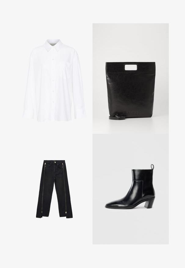 Bijela košulja dugih rukava s kragnom, izrađena od pamuka. Ima kopčanje s gumbima sprijeda i jednu džep na prsima. Glatka tekstura, ležeran kroj.; Crne traperice od denima s ravnim dizajnom, s zlatnim patentnim zatvaračima uz bokove i standardnim džepovima na struku.; Crne kožne gležnjače s šiljastim vrhom, geometrijski složenim potplatom i omčom za povlačenje straga. Glatka tekstura i elegantan dizajn.; Crna kožna torba s kvadratnom drškom, s teksturiranim završetkom i utisnutim logotipom. Uključuje odvojivi remen.