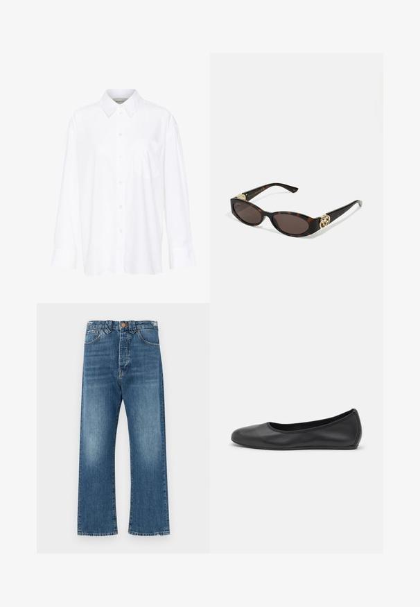 Hvid langærmet skjorte med krave lavet af bomuld. Har en knaplukning fortil og en enkelt brystlomme. Glat tekstur, afslappet pasform.; Lyseblå denimjeans med høj talje, lige ben og subtil falming. Har klassisk syning og en frontknaplukning.; Sort læderballetsko med rund tå, glat tekstur, minimal syning og et fleksibelt såldesign.; Skildpaddemønster solbriller med aflange ovale linser, brun farve, guldlogo accenter på stængerne og slanke sorte arme.