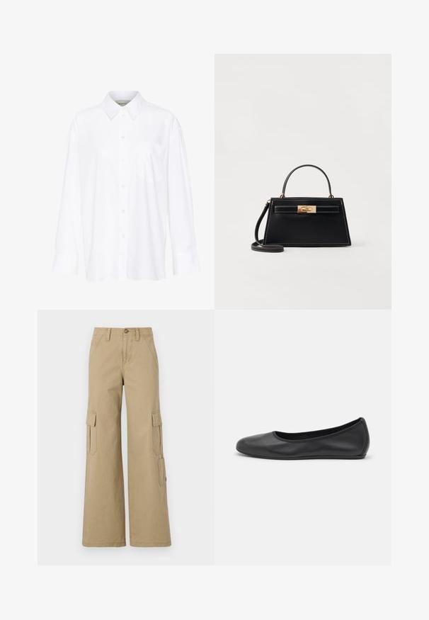 Biała, długosleeve'owa koszula z kołnierzykiem, wykonana z bawełny. Posiada zapięcie na guziki z przodu oraz jedną kieszeń na piersi. Gładka tekstura, luźny krój.; Beżowe spodnie cargo z szerokimi nogawkami, z dwoma bocznymi kieszeniami na klapki, z zapięciem na guzik oraz gładką bawełnianą tkaniną.; Czarne skórzane baletki z zaokrąglonym noskiem, gładką fakturą, minimalnymi przeszyciami i elastycznym designem podeszwy.; Czarna skórzana torebka w strukturalnym kształcie trapezoidalnym, z złotym zapięciem oraz kontrastującym białym szwem. Posiada krótką rączkę oraz długi pasek.