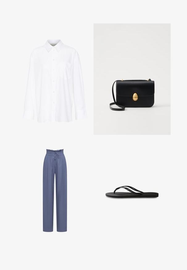 Baltais garo piedurkņu krekls ar apkakli, izgatavots no kokvilnas. Aprīkots ar pogu aizdari priekšā un vienu krūšu kabatu. Gluda tekstūra, brīvs piegriezums.; Vieglas, augsta jostasvietas, zilas bikses ar sašūtu jostu, plaša kāju dizains un mīksts, teksturēts audums.; Melni čības ar teksturētu gumijas zoli, divām plānām siksniņām un smalku, iespiedotu logotipa detaļu uz siksniņas.; Melnas ādas rokassomu ar strukturētu taisnstūra formu. Iespējas zelta ovāla slēdzis un plāns plecu siksna. Gluda tekstūra.