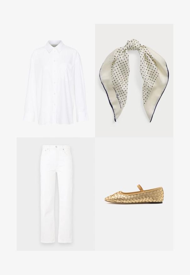 Camisa blanca de manga larga y cuello hecha de algodón. Presenta un cierre de botones en la parte delantera y un bolsillo en el pecho. Textura suave, ajuste relajado.; Jeans de mezclilla blanca con corte recto, cinco bolsillos y cierre de botón. Textura suave y diseño limpio, adecuados para uso casual.; Loeffler Randall LEONIE SOFT BALLET FLAT - Bailarinas con hebilla - gold; Pañuelo de seda con fondo crema y lunares azul marino, atado en el centro; borde azul marino; incluye el texto "Lauren Ralph Lauren."; Bolso de mano de cuero negro con un diseño curvado, que cuenta con tachuelas plateadas, una hebilla y dos bolsillos laterales. Correa ajustable para opciones de transporte.