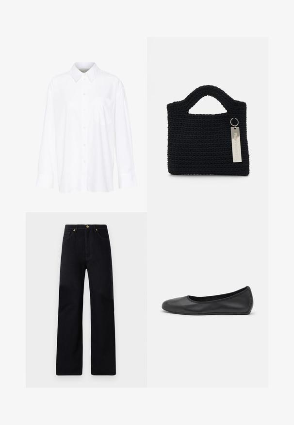 Bijela košulja dugih rukava s kragnom, izrađena od pamuka. Ima kopčanje s gumbima sprijeda i jednu džep na prsima. Glatka tekstura, ležeran kroj.; Crne traperice s ravnim nogavicama, visokim strukom, pet džepova, zlatnim detaljima i suptilnim šavovima.; Crne kožne baletanke s zaobljenim vrhom, glatke teksture, minimalnim detaljima šavova i fleksibilnim dizajnom potplata.; Won Hundred MARSIELLE COMPUTER BAG UNISEX - Torba za prijenosno računalo - black