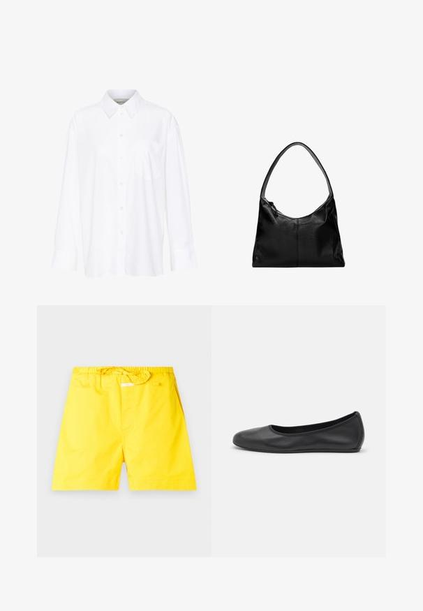 Bílá košile s dlouhým rukávem a límečkem vyrobená z bavlny. Má knoflíkovou přední část a jedno kapsičku na prsou. Hladký povrch, volný střih.; Žluté plavky s elastickým pasem a nastavitelnou šňůrkou. Mají hladkou texturu a žádné viditelné vzory nebo akcenty.; Černé kožené baletní byty s kulatou špičkou, hladkou texturou, minimálními švy a flexibilním designem podrážky.; Černá kožená kabelka na rameno s hladkým povrchem, zakřiveným vrškem a jedním popruhem. Disponuje zipovým zavíráním a minimalistickým designem.