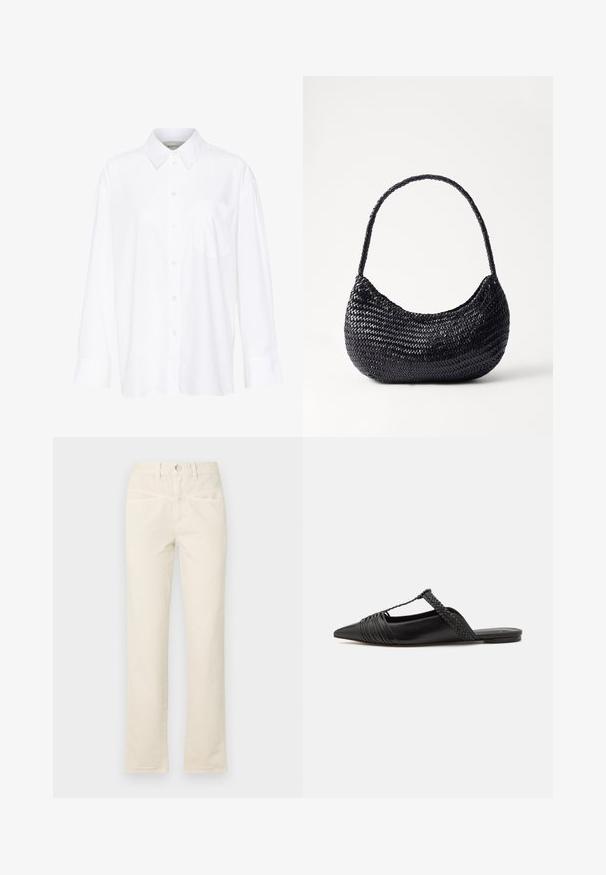 Cămașă albă cu mânecă lungă și guler, fabricată din bumbac. Are un închidere cu băta pe față și un singur buzunar pe piept. Textură netedă, croială lejeră.; Pantaloni din bumbac bej cu un design drept al picioarelor, dotati cu închidere cu nasture și buzunare frontale subtile. Tivul are un detaliu ușor de uzură.; Pantofii din piele neagră cu curea la spate au vârful ascuțit, prezentând un accent țesut și un design superior pliat. Talpa joasă cu hardware minim.; DRAGON DIFFUSION NOVA LUNA - Geantă de mână - black