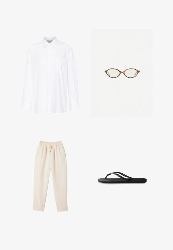Witte lange mouwen overhemd met kraag van katoen. Voorzien van een knoopsluiting aan de voorkant en een enkele borstzak. Een gladde textuur en een ontspannen pasvorm.; Beige loungebroek met een relaxte pasvorm, elastische tailleband, trekkoord en zijzakken. Gemaakt van een zachte, gestructureerde stof.; Zwarte flip-flop met een gestructureerde rubberen zool, twee slanke banden en een subtiele, ingedrukte logo-detail op de band.; Kattenoogbril met ovale lenzen en een strakke, gladde afwerking. Heeft dunne zijkanten met een subtiele kromming bij de slapen. Transparante lenzen.