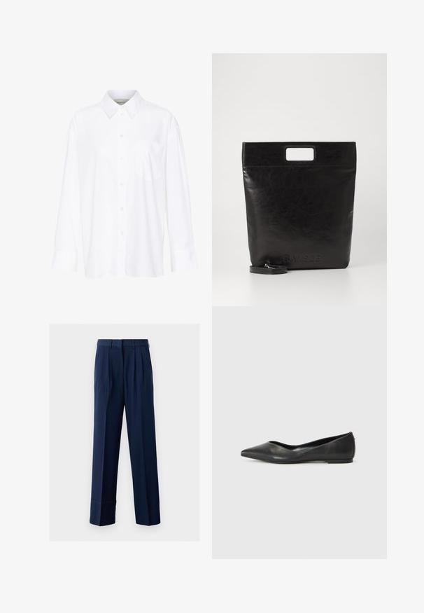 Hvid langærmet skjorte med krave lavet af bomuld. Har en knaplukning fortil og en enkelt brystlomme. Glat tekstur, afslappet pasform.; Marineblå skræddersyede bukser med plisseringer, lige ben-design, lavet af letvægtsstof. Udstyret med en talje med bæltestropper.; Sorte læder balletlejersko med spids tå, lav hæl og glat overflade. Minimalistisk design med en diskret sideaccent.; Sort læder tote bag med et firkantet håndtag, der har en tekstureret overflade og prægede logo. Indeholder en aftagelig rem.