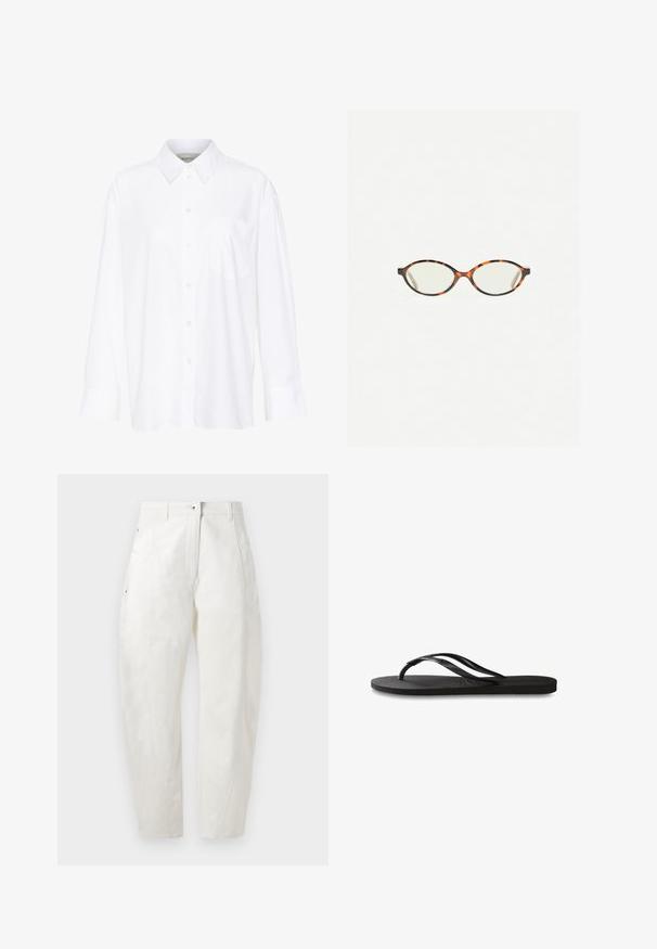 White long-sleeve collared shirt made of cotton. Features a button-down front and a single chest pocket. Smooth texture, relaxed fit.; White cotton trousers with a relaxed fit, featuring a button closure, side pockets, and subtle stitching details along the seams.; Black flip-flop featuring a textured rubber sole, two slender straps, and a subtle, embossed logo detail on the strap.; Tortoiseshell eyeglasses with oval lenses and a sleek, smooth finish. Features thin sides with a subtle curve at the temples. Clear lenses.