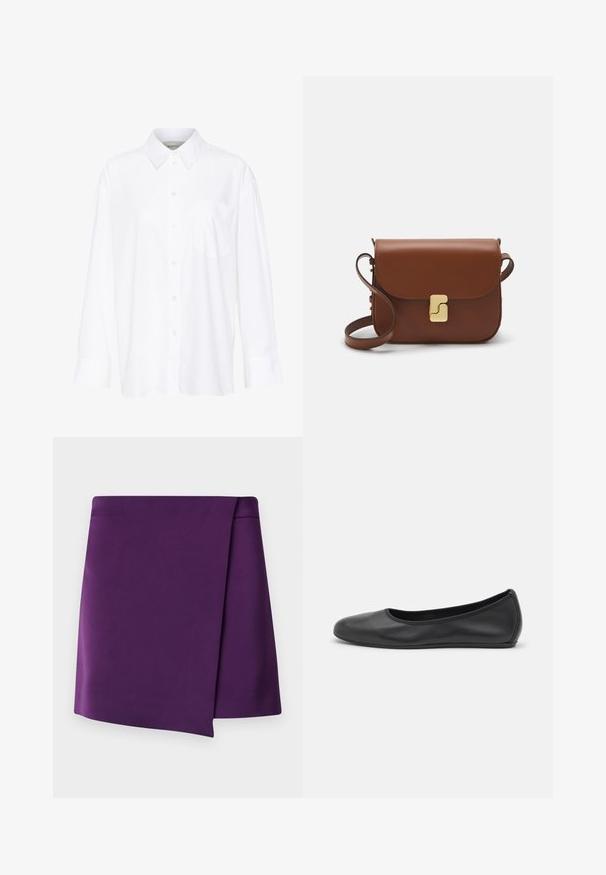 Biela košeľa s dlhým rukávom a golierom vyrobená z bavlny. Má zapínanie na gombíky vpredu a jednu náprsníku vrecko. Hladká textúra, voľný strih.; Fialová mini sukňa s hladkou textúrou, s diagonálnym zavinovacím dizajnom a čistými líniami. Žiadne viditeľné kovanie ani vzory.; Čierne kožené baleríny s okrúhlou špičkou, hladkým povrchom, minimálnym prešívaním a flexibilným dizajnom podrážky.; Hnedá kožená kabelka s klopou, zlatými kovovými prvkami, ramenným popruhom a hladkým povrchom. Kompaktný obdĺžnikový tvar.