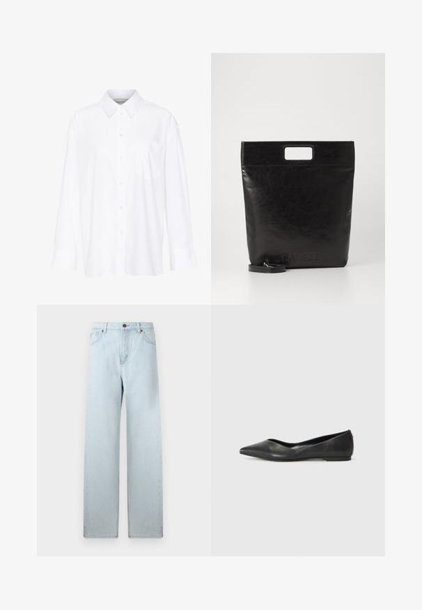 Baltais garo piedurkņu krekls ar apkakli, izgatavots no kokvilnas. Aprīkots ar pogu aizdari priekšā un vienu krūšu kabatu. Gluda tekstūra, brīvs piegriezums.; Gaiši zili platā kāju džinsi ar augstu jostu, priekšējām kabatām un pogu aizdari. Gluda džinsu tekstūra, minimāla izbalēšana, taisnas kājas dizains.; Melnas ādas baleta kurpes ar norādītu purngalu, zemu papēdi un gludu tekstūru. Minimālisma dizains ar smalku sānu akcentu.; Melna ādas tote soma ar kvadrātveida rokturi, ar teksturētu apdari un iespiestu logo. Ietver noņemamu siksnu.