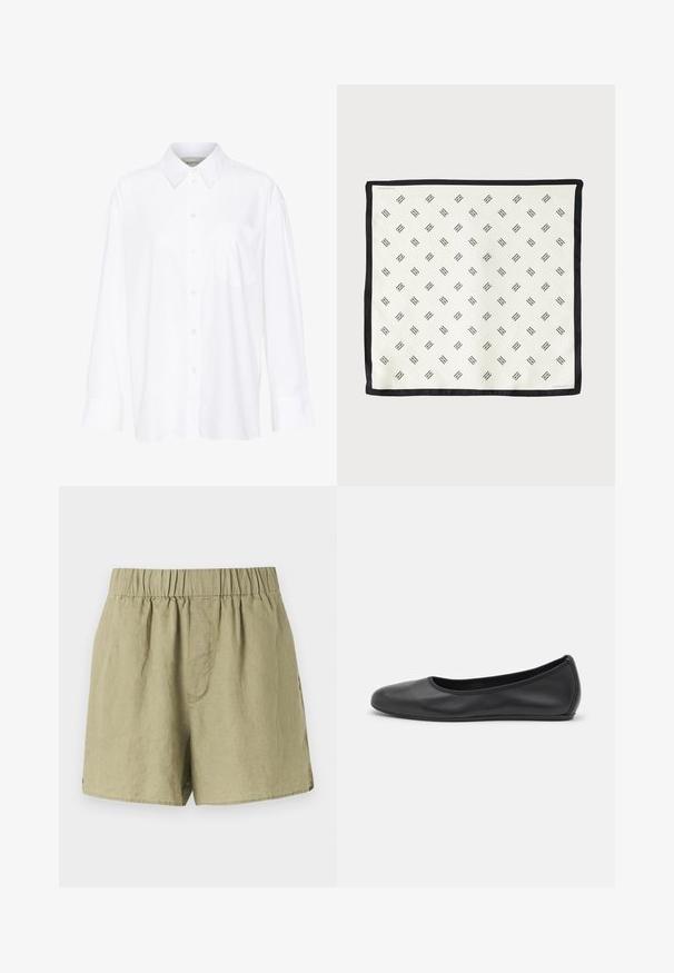 Chemise blanche à manches longues avec col, en coton. Présente un devant à boutons et une poche poitrine unique. Texture lisse, coupe décontractée.; Shorts en lin vert clair avec une taille élastique, des poches latérales et une coupe décontractée. Dotés d'un tissu lisse, légèrement texturé.; Ballerines en cuir noir avec un bout rond, texture lisse, détails de couture minimalistes et design de semelle flexible.; Écharpe en soie blanche ornée d'un motif géométrique noir répété, bordée d'un liseré noir uni. Légère avec une texture lisse.