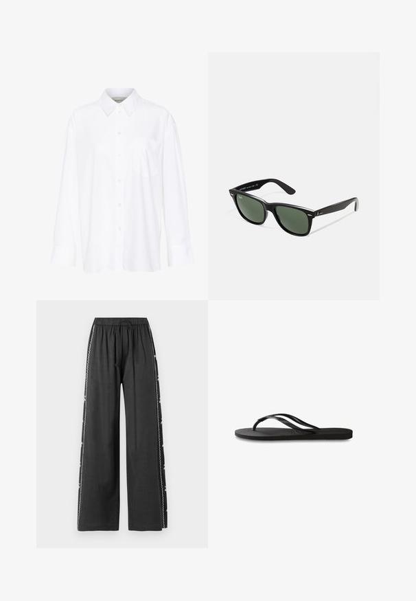 White long-sleeve collared shirt made of cotton. Features a button-down front and a single chest pocket. Smooth texture, relaxed fit.; Black wide-leg pants with an elastic waistband and drawstring, featuring white embroidered accents along the side seam. Smooth texture.; Black flip-flop featuring a textured rubber sole, two slender straps, and a subtle, embossed logo detail on the strap.; Black plastic sunglasses with green lenses, square frames, silver accent on the brow, and textured temple arms. Stated brand on inner arm.