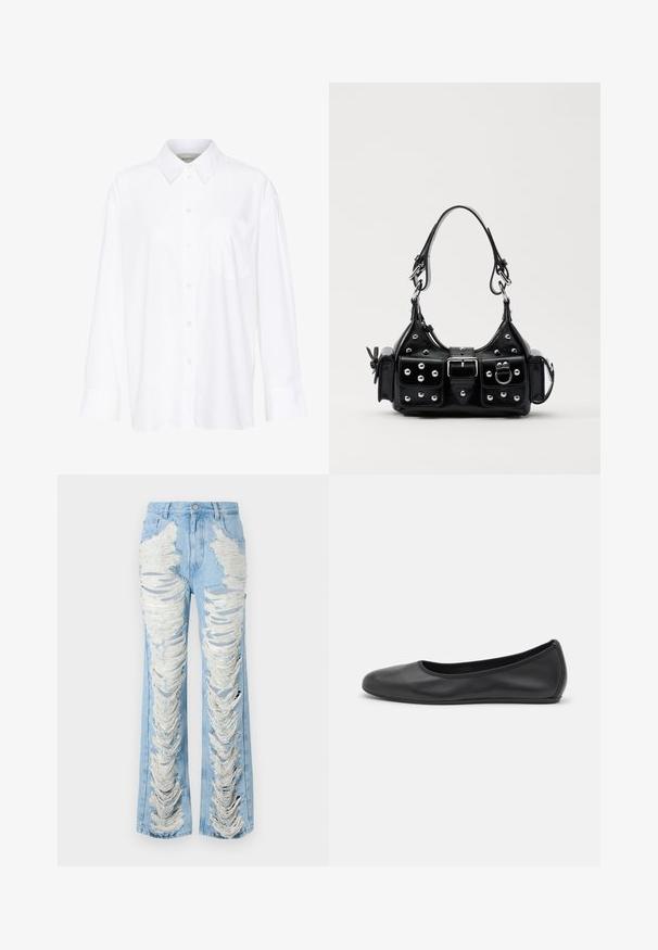 Bela dolga majica s kragnico iz bombaža. Ima gumbno zapenjanje spredaj in eno žep na prsih. Gladka tekstura, sproščen kroj.; Svetlo modri jeans iz denima z raztrganinami ob nogah, ki imajo vrhnje robove in široko obliko.; Črne usnjene balerinke z zaobljenim nosom, gladko teksturo, minimalnimi šivi in fleksibilno zasnovo podplata.; Črna usnjena torbica s ukrivljenim dizajnom, ki vsebuje srebrne žebljičke, zaponko in dve stranski žepki. Nastavljiv trak za različne možnosti nošenja.