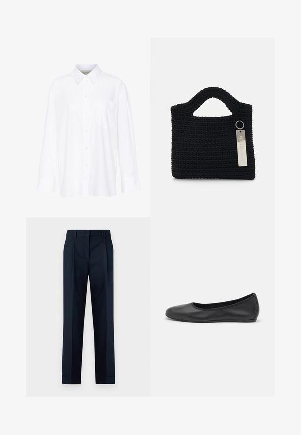 Bela dolga majica s kragnico iz bombaža. Ima gumbno zapenjanje spredaj in eno žep na prsih. Gladka tekstura, sproščen kroj.; Mornarsko modri krojeni hlače z gladko teksturo, ki imajo ravno sprednji del, dvojne naborke in manšete pri gležnjih.; Črne usnjene balerinke z zaobljenim nosom, gladko teksturo, minimalnimi šivi in fleksibilno zasnovo podplata.; Won Hundred MARSIELLE COMPUTER BAG UNISEX - Torba za prenosnik - black