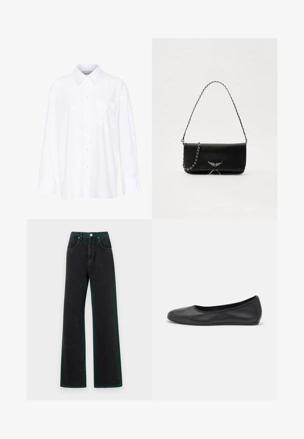 Bílá košile s dlouhým rukávem a límečkem vyrobená z bavlny. Má knoflíkovou přední část a jedno kapsičku na prsou. Hladký povrch, volný střih.; Černé široké džíny se zelenými akcenty, vyrobené z denimu, s vysokým pasem, předními kapsami a kovovým zapínáním na knoflík.; Černé kožené baletní byty s kulatou špičkou, hladkou texturou, minimálními švy a flexibilním designem podrážky.; Černá kožená kabelka se stříbrným řetízkovým popruhem, zdobená dekorativními křídly a bílým prošíváním podél spodního švu.
