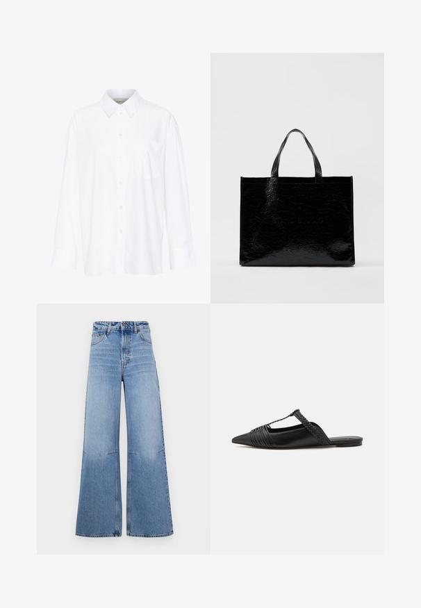 Valkoinen pitkähihainen kauluspaita, joka on valmistettu puuvillasta. Paidassa on napitettava etuosuus ja yksi rintatasku. Pehmeä pinta, rento malli.; Vaaleansiniset väljemmät denimit joissa on korkea vyötärö, etutaskut ja sauman yksityiskohtia, jotka kulkevat pystysuoraan lahkeita pitkin.; Musta nahkasandaali, jossa on terävä kärki, somistettuna kudotulla yksityiskohdalla ja pleatatuilla yläosilla. Litteä pohja, jossa on vähäisiä tarvikkeita.; Musta kangaskassi, jossa on kiiltävä, tekstuuroitu pinta. Varustettu kahdella tukevalla kahvalla ja kohokuvioidulla brändäyksellä edessä, suorakulmainen muoto.