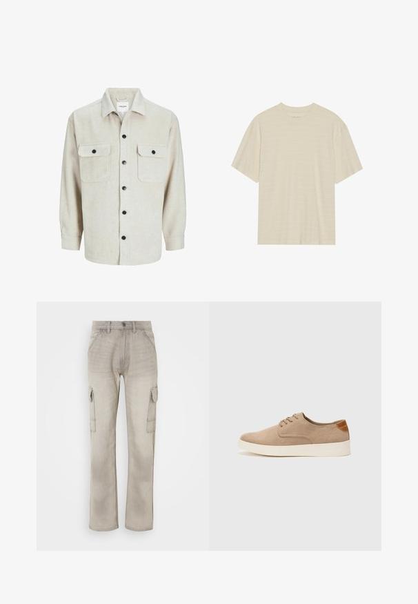 Beige flanellskjorte med kragehals, to brystlommer, svarte knapper og lange ermer med knappebånd.; Krèmfarget kortermet t-skjorte med en subtil stripete tekstur og rund halslinning, laget av lett materiale.; Beige cargo bukser laget av denim, med to sidelommer, en rett ben design og synlig søm. Teksturert overflate med en falmet look.; Beige semskinnsko med rund tå, snøring foran og en teksturert bakre aksent. Hvit gummisåle gir kontrast. Enkelt og moderne design.