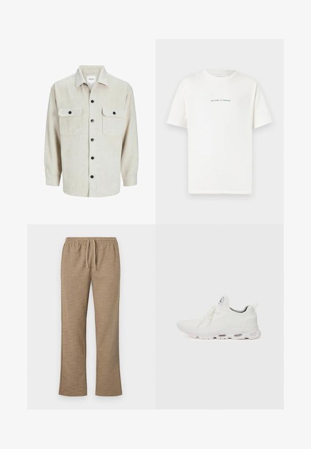 Beige flannel shirt with a collared neckline, featuring two chest pockets, black buttons, and long sleeves with buttoned cuffs.; White cotton t-shirt with short sleeves and a crew neck. Centered text reads "WELCOME TO PARADISE" in a curved green font.; Beige pants with a textured pattern, featuring an elastic waistband with drawstring. Straight leg design with slight flared bottom.; White athletic shoes featuring a textured knit upper, flat laces, and a cushioned sole with visible air chambers for added support.