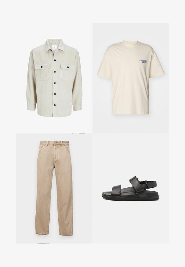 Bež flanel košulja s ovratnikom, koja ima dva džepa na prsima, crne gumbe i duge rukave s dugmadima na manžetama.; Kratki rukav kremaste boje od pamuka. Ima mali plavi "ORIGINALS" logo na lijevoj strani prsnog koša. Klasičan kroj i dizajn s okruglim izrezom.; Bež teksas traperice ravnog kroja, s prednjim džepovima, metalnim zakopčavanjem i suptilnom teksturom.; Crne kožne sandale imaju dva široka remena preko stopala, podesivi remen za petu i teksturiranu gumenu podlogu za bolju prianjanje.