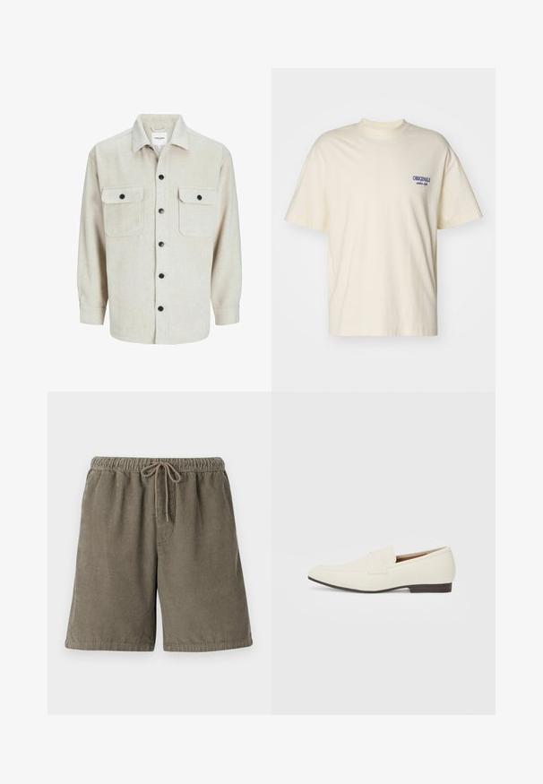 Beige flannel shirt with a collared neckline, featuring two chest pockets, black buttons, and long sleeves with buttoned cuffs.; Short-sleeve cream-colored t-shirt made of cotton. Features a small blue "ORIGINALS" logo on the left chest. Classic fit and crew neck design.; Cotton corduroy shorts in olive green with textured vertical stripes, elastic waistband, and adjustable drawstring for comfort.; Light beige loafers with a pointed toe, smooth material, a strap across the vamp, and a low brown sole. Simple design with minimal accents.