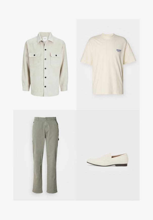 Cămașă din flanel bej cu guler, având două buzunare pe piept, nasturi negri și mâneci lungi cu manșete cu nasturi.; Tricou cu mânecă scurtă de culoare crem, confecționat din bumbac. Are un mic logo albastru "ORIGINALS" pe partea stângă a pieptului. Design clasic, cu croială lejeră și gât rotund.; Pantaloni din bumbac verde deschis, cu o croială dreaptă, având buzunare frontale, închidere cu bătăi și talie cu bucle pentru curea.; Loafers bej cu un vârf ascuțit, dintr-un material neted, cu o bandă peste vamp și o talpă joasă maro. Design simplu cu accente minime.