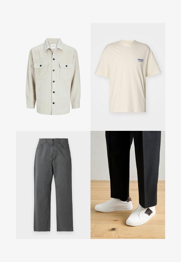 Beige flanellskjorte med kragehals, to brystlommer, svarte knapper og lange ermer med knappebånd.; Kortermet kremfarget t-skjorte laget av bomull. Har en liten blå "ORIGINALS"-logo på venstre bryst. Klassisk passform og rund hals-design.; Grå stoffbukser med rett snitt, som har knapp- og glidelåslukking, fem lommer og subtile sømdetaljer.; Hvite sneakers med glatt tekstur, med brune skinnakenter og svart detaljer, parret med svarte skreddersydde bukser. Bakgrunn med tregulv.