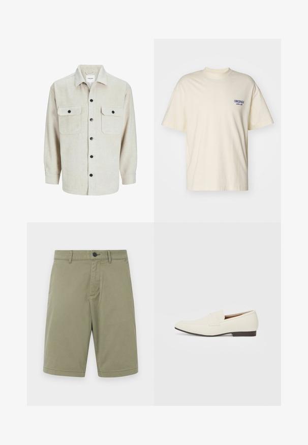 Beež flanellist särk, millel on krae, kahe rinnatasku ja mustade nööpidega, pikaaeline varrukad nööpidega cuffs.; Lühikeste varrukate ja kreemikas värvi puuvillane T-särk. Vasakul rinnal on väike sinine "ORIGINALS" logo. Klassikaline lõige ja ümmargune kaelus.; Khaki lühikesed püksid, valmistatud puuvillast, millel on vöökohad, esine nupp ja lame esikülg puhta viimistlusega ning ilma taskuteta.; Heledadbeez loafers, millelise lõpp, sile materjal, rihm üle vampi ja madal pruun talla. Lihtne disain minimaalse aktsentidega.