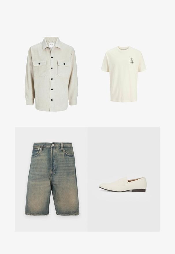 Camisa de franela beige con cuello, que presenta dos bolsillos en el pecho, botones negros y mangas largas con puños abotonados.; Camiseta de algodón de color crema claro con mangas cortas, que presenta un pequeño gráfico negro de un personaje y el texto "BRAKE BROS" en el pecho.; Shorts de mezclilla, color azul desgastado, diseño de tiro alto, estilo de cinco bolsillos, con herrajes de metal y acentos de costura visibles.; Mocasines beige claro con puntera puntiaguda, material suave, una correa a través del empeine y una suela baja marrón. Diseño simple con acentos mínimos.