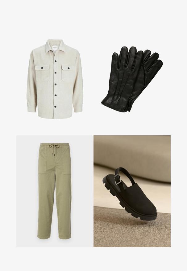 Beige flannel shirt with a collared neckline, featuring two chest pockets, black buttons, and long sleeves with buttoned cuffs.; Light olive green pants made of cotton blend fabric, featuring an elastic waistband with drawstring, and two large side pockets.; Black suede slingback shoe with thick, textured sole and silver buckle detail. Sleek design with minimalistic style, floating above a textured surface.; Black leather gloves with a smooth texture, five fingers, and subtle stitching details. Classic design, suitable for cold weather use.