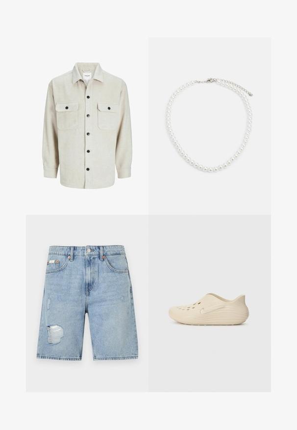 Bež flanel košulja s ovratnikom, koja ima dva džepa na prsima, crne gumbe i duge rukave s dugmadima na manžetama.; Traperice kratke hlače u svijetloplavoj boji s istrošenim dizajnom. Imaju poderane rubove i zakrpe, pet džepova i metalno kopčanje na gumb.; Bež cipelica bez vezivanja s glatkom, sjajnom površinom, s bočnim rupama za ventilaciju i strukturiranim, rebrastim petom. Srebrni logo kao detalj.; Bijela biserna ogrlica s uniformnim okruglim oblikom, glatkom površinom i metalnom kopčom s produžnom lancem za podesivu duljinu.