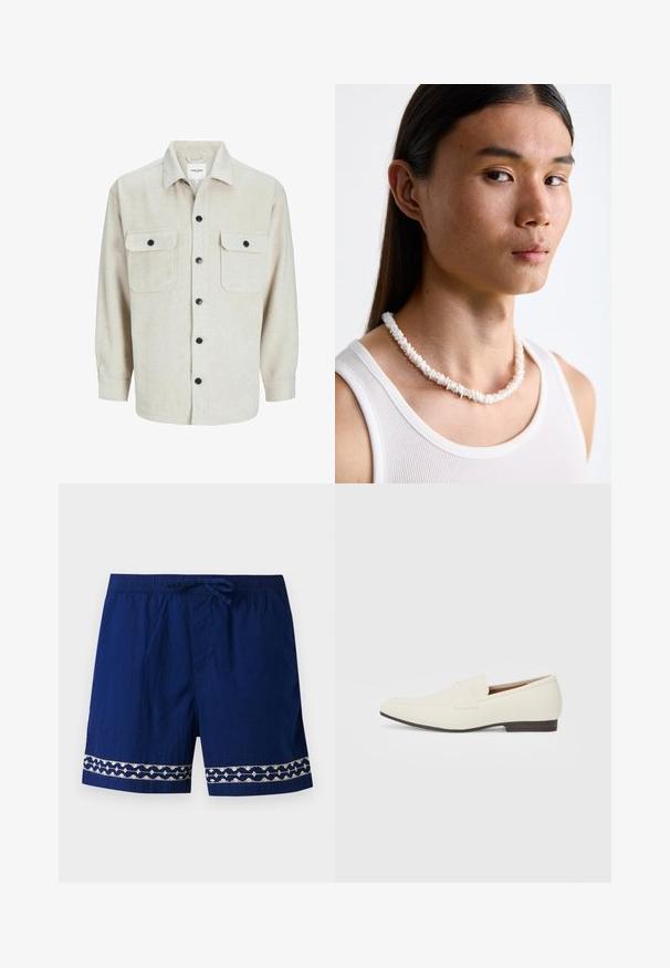 Beige flannel shirt with a collared neckline, featuring two chest pockets, black buttons, and long sleeves with buttoned cuffs.; Navy blue swim shorts with an elastic waistband, drawstring, and embroidered light-colored accents at the hem featuring geometric patterns.; Light beige loafers with a pointed toe, smooth material, a strap across the vamp, and a low brown sole. Simple design with minimal accents.; White shell necklace composed of irregular shapes, worn over a fitted white tank top. Smooth texture with subtle sheen, close-fitting design.