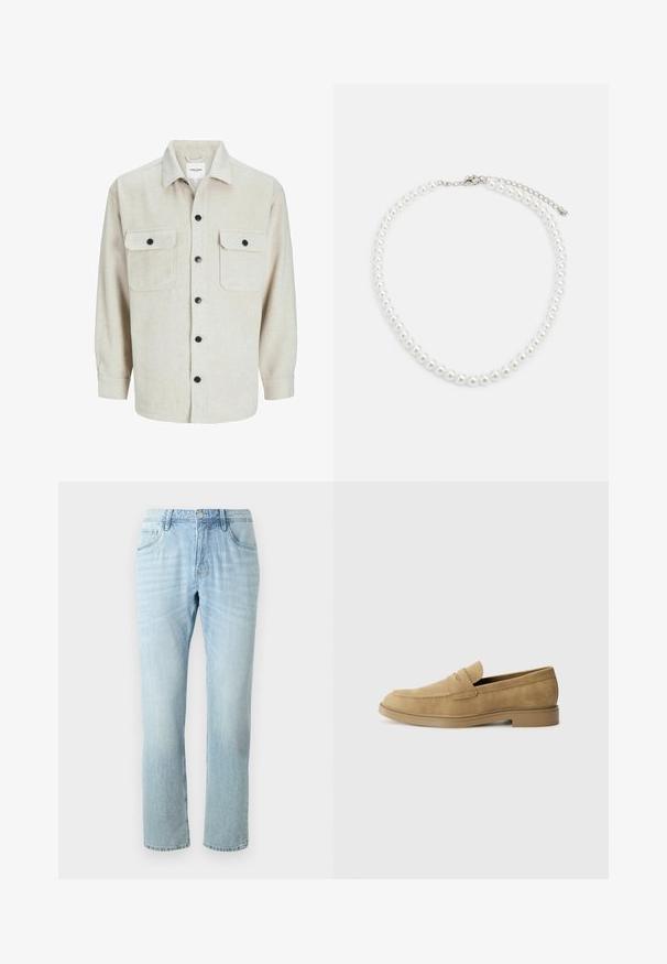 Bežna flanelasta srajca s ovratnikom, ki ima dve prsni žep, črne gumbe in dolge rokave z gumbi na manšetah.; Svijetloplavi traperice s ravnim nogavicama, koje sadrže pet džepova, suptilno izbljeđivanje i metalni gumb na struku.; Svetlo rjavi nubuk loaferji z zaobljenim nosom, nizko blok peto in šivanim detajlom na zgornjem delu. Gladka tekstura in minimalističen dizajn.; Bela biserna ogrlica z enakomerno okroglo obliko, gladko površino in kovinsko zaponko z raztegnjeno verigo za prilagodljivo dolžino.