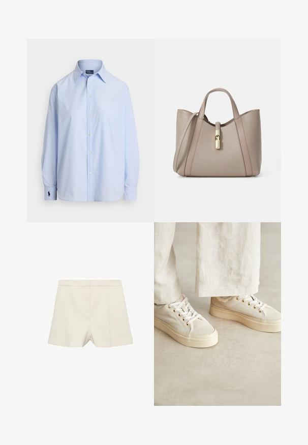 Helles blaues Button-Up-Hemd aus Baumwolle mit langen Ärmeln, klassischem Kragen und einem kleinen gestickten Logo auf dem linken Manschette.; Cremfarbene Shorts mit einer maßgeschneiderten Passform, die eine glatte Textur, eine flache Vorderseite und subtile Falten aufweisen. Schlichtes Design ohne Verzierungen.; Helle beigefarbene Leinenschuhe mit einer dicken cremefarbenen Sohle, versehen mit goldfarbenen Ösen und weißen Schnürsenkeln, auf einem neutralen Hintergrund platziert.; Beige Leder-Shopper mit doppelten Tragegriffen, einem goldenen Verschluss und einem strukturierten Design, das kontrastierende glatte und texturierte Paneele aufweist.; Pilgrim JACE - Ohrringe - gold-coloured