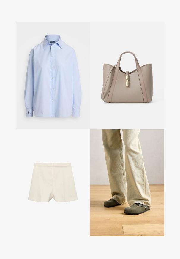 Light blue button-up shirt made of cotton, featuring long sleeves, a classic collar, and a small embroidered logo on the left cuff.; Cream-colored shorts with a tailored fit, featuring a smooth texture, flat front, and subtle pleats. Simple design with no embellishments.; Person wearing light beige wide-legged pants and olive green suede slip-on shoes with a buckle on light wooden floor.; Beige leather tote bag with dual handles, a gold clasp, and structured design featuring contrasting smooth and textured panels.; Pilgrim JACE - Earrings - gold-coloured