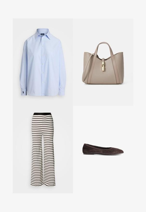 Lyseblå button-up skjorte lavet af bomuld, med lange ærmer, en klassisk krave og et lille broderet logo på venstre manchet.; Stribede brede bukser med en sort talje. Fremstillet af letvægtsstof med vandrette sort-hvide striber.; Brune ruskinds ballerina med spids tå og lav profil. Har en glat tekstur og minimalistisk design. Ingen synlig hardware eller accenter.; Beige læder tote taske med dobbelte håndtag, en guldfarvet lås og struktureret design med kontrasterende glatte og teksturerede paneler.; Pilgrim JACE - Øreringe - gold-coloured
