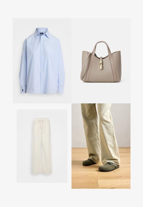 Camisa de botones azul claro hecha de algodón, con mangas largas, un cuello clásico y un pequeño logotipo bordado en el puño izquierdo.; Pantalones de pierna ancha color crema, hechos de una tela suave con cinturilla elástica y cordón. Presenta dos bolsillos laterales.; Persona que lleva pantalones anchos de color beige claro y zapatos de ante verde oliva tipo slip-on con hebilla sobre un suelo de madera clara.; Bolso de tote de cuero beige con doble asa, un cierre dorado y un diseño estructurado que presenta paneles lisos y texturizados en contraste.; Pilgrim JACE - Pendientes - gold-coloured