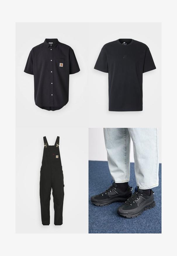 Krátky rukáv, košeľa na gombíky v textúrovanej tmavomodrej látke, s prednou náprsné kapsou so štvorcovou nášivkou a bielymi gombíkmi.; Čierne bavlnené tričko Nike s klasickým okrúhlym výstrihom, krátkymi rukávmi a jemne embosovaným logom na hrudi. Hladká textúra.; Čierne bavlnené kombinézy s nastaviteľnými popruhmi, prednou kapsou s logom a dvoma bočnými vreckami s voľným strihom.; Čierne športové topánky s textúrovanou tkaninou a gumovou podrážkou, so elastickými šnúrkami a modrým akcentom na päte. Nosia sa s svetlými riflami.
