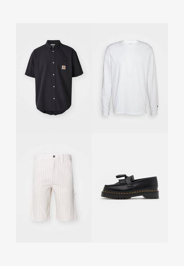 Short-sleeve, button-up shirt in textured dark navy fabric, featuring a front chest pocket with a square logo patch and white buttons.; White long-sleeved T-shirt made of cotton. Crew neck design with ribbed cuffs and a small logo on the left sleeve. Smooth texture.; White cargo shorts with red vertical stripes, made from a lightweight fabric. Features a button closure and side pockets.; Black leather loafer with a tasseled accent, featuring a chunky black sole and yellow stitching along the edge. Textured finish.