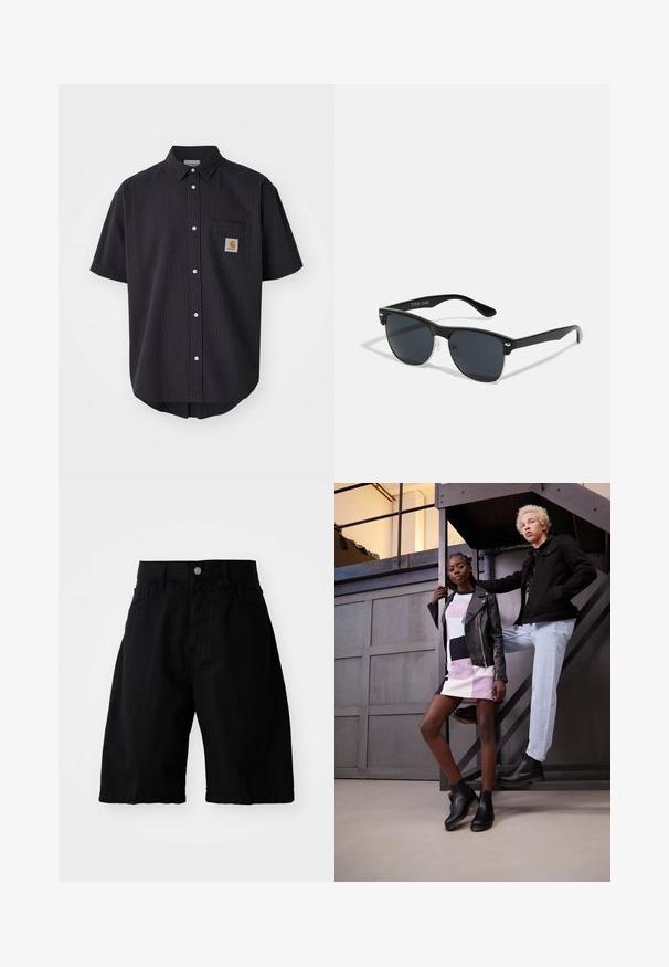 Chemise à manches courtes, à boutons, en tissu texturé bleu marine foncé, dotée d'une poche poitrine à l'avant avec un patch logo carré et des boutons blancs.; T-shirt en coton blanc avec des manches courtes et un col rond, orné d'un motif floral brodé en rose et noir sur le côté gauche de la poitrine.; Shorts en coton noir avec une coupe décontractée, deux poches latérales, une fermeture à bouton et des bords nets, adaptés pour un usage décontracté.; Deux modèles posent sur un escalier en métal. L'un porte une veste en cuir noir sur une robe rayée multicolore et des bottines noires. L'autre affiche une veste noire, un jean clair et des bottes noires.; Lunettes de soleil noires de forme rectangulaire, verres foncés, accents argentés aux tempes et finition mate sur la monture.