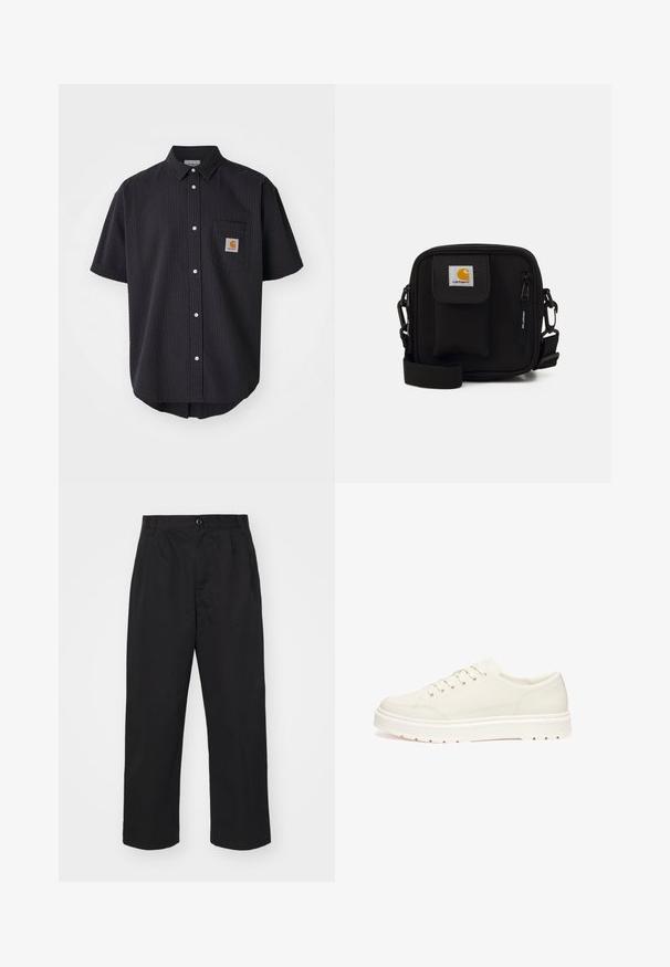 Short-sleeve, button-up shirt in textured dark navy fabric, featuring a front chest pocket with a square logo patch and white buttons.; Black cotton trousers with a straight fit, featuring a button closure, two front pockets, and a smooth texture.; White leather sneaker with a smooth finish, rounded toe, and six eyelets. Features a textured rubber sole and minimalistic design.; Black crossbody bag made of durable fabric, featuring a front pocket, zipper closure, and adjustable strap. Includes logo patch detail.