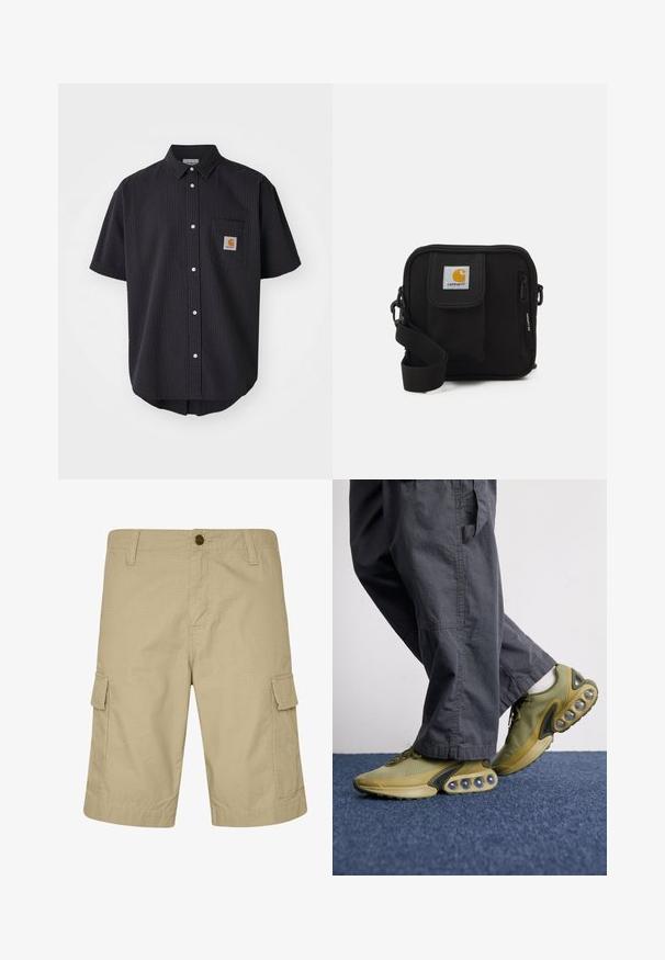 Short-sleeve, button-up shirt in textured dark navy fabric, featuring a front chest pocket with a square logo patch and white buttons.; Beige cargo shorts made of lightweight fabric, featuring a flat front, side pockets, and textured pattern, designed for casual wear.; Green mesh sneakers with rounded cushioning, textured material, and a streamlined design. Paired with loose-fitting grey cargo pants.; Black crossbody bag with a zippered main compartment, front pocket, adjustable strap, and a visible logo patch on the flap.