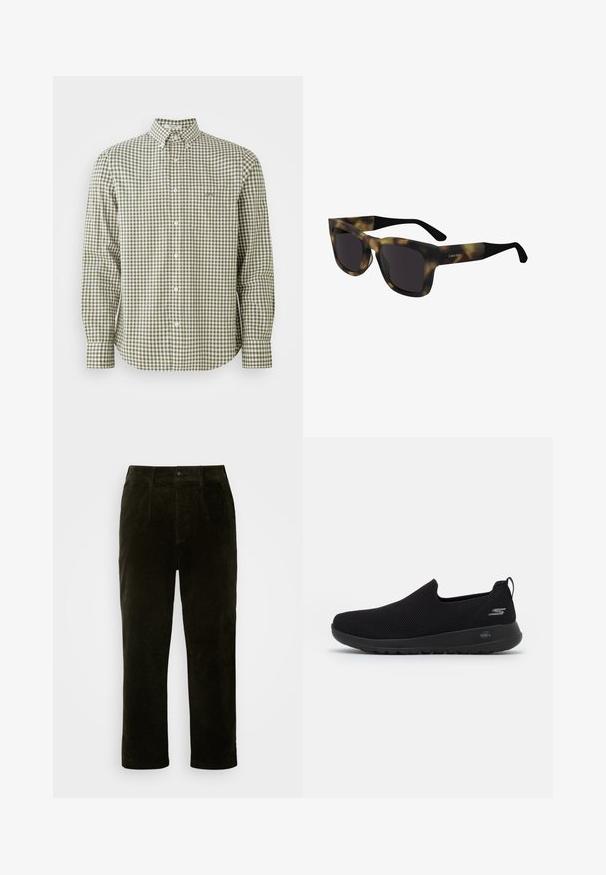 Zielono-biała w kratkę koszula z długim rękawem, z kołnierzykiem zapinanym na guziki, z małą kieszonką na piersi i białymi guzikami.; Ciemnozielone spodnie z kordurowego materiału o prostym kroju, z przednimi kieszeniami, zapięciem na guzik i fakturowanym materiałem.; Czarne sneakersy wsuwane z przewiewną siateczką na górze, okrągłym noskiem i amortyzowaną gumową podeszwą. Posiadają logo po boku.; Okulary przeciwsłoneczne w wzór żółwia z grubą czarną oprawką i ciemnymi soczewkami. Na ramieniu znajduje się logo Calvin Klein. Kątowy design.