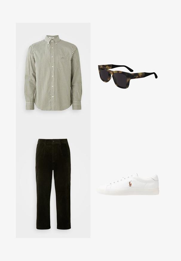 Green and white checkered long-sleeve shirt with a button-down collar, featuring a small chest pocket and white buttons.; Dark green corduroy trousers with a straight cut, featuring front pockets, a button closure, and a textured fabric.; White leather sneakers, low-top design, featuring a smooth texture, round toe, laced front, and a small embroidered logo on the side.; Tortoiseshell-patterned sunglasses with a thick black frame and dark lenses. Features a Calvin Klein logo on the arm. Angular design.