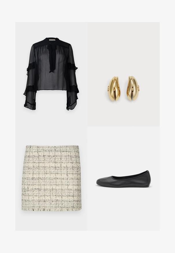 Mustan läpikuultava paita, jossa on pitkät, röyhelöidyt hihat ja nauhat kauluksessa. Valmistettu kevyestä kankaasta ja löysästä istuvuudesta, mikä sopii hyvin kerrospukeutumiseen.; Kreemi ja musta värvi tweed mini seelik, millel on tekstureeritud muster, sirge lõige ja frantsitud ääred detailideks.; Musta nahkainen ballerina, jossa on pyöristetty kärki, sileä pinta, minimaalinen ommelkoristelu ja joustava pohjamuotoilu.; Korvatekniikalla muotoillut kultasävytteiset korvakorut. Jokaisessa korvakorussa on sileäpintainen pinta ja pieni lukko, jossa on koristeellinen yksityiskohta.