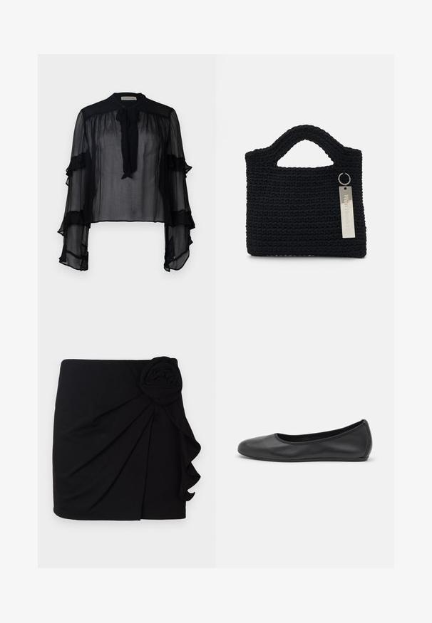 Blusa nera trasparente con maniche lunghe a ruches e colletto da annodare. Realizzata in tessuto leggero e con una vestibilità ampia, adatta per essere indossata a strati.; Gonna mini nera realizzata in tessuto morbido con un design plissettato. Presenta un accento in tessuto a forma di rosa sul lato e un orlo arriccicato.; Pantofole da balletto nere in pelle con punta arrotondata, texture liscia, dettagli di cucitura minimi e design con suola flessibile.; Won Hundred MARSIELLE COMPUTER BAG UNISEX - Borsa porta PC - black