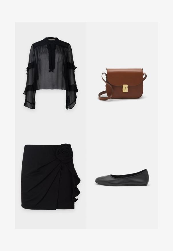 Blusa nera trasparente con maniche lunghe a ruches e colletto da annodare. Realizzata in tessuto leggero e con una vestibilità ampia, adatta per essere indossata a strati.; Gonna mini nera realizzata in tessuto morbido con un design plissettato. Presenta un accento in tessuto a forma di rosa sul lato e un orlo arriccicato.; Pantofole da balletto nere in pelle con punta arrotondata, texture liscia, dettagli di cucitura minimi e design con suola flessibile.; Borsa a tracolla in pelle marrone con chiusura a pattina, hardware color oro, tracolla e una finitura liscia. Forma rettangolare compatta.