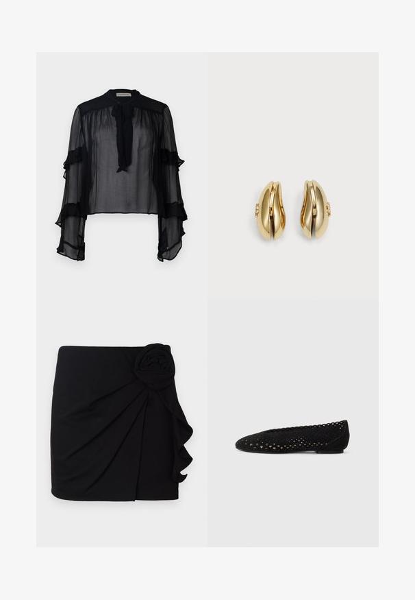 Svart genomskinlig blus med långa, volangärmar och bindning kring halsen. Har lättviktsmaterial och en lös passform, vilket gör den lämplig för lager-på-lager.; Svart minikjol i mjukt material med en plisserad design. Har en tygros som accent på sidan och en volangkant.; Svart ballerinaskor av perforerat mocka, med rund tå och vågiga kanter. Platt sula med subtil detaljering på ytan.; Guldtonade örhängen med en flödig, böjd design. Varje örhänge har en slät yta och en liten låsning med en dekorativ detalj.