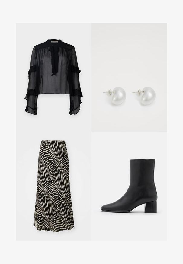 Blouse noire transparente avec de longues manches volantes et un col à nouer. Fabriquée en tissu léger et avec une coupe ample, elle est idéale pour superposer.; Jupe mi-longue en tissu lisse avec un motif de rayures ondulées noir et beige, s'évasant doucement de la taille à l'ourlet.; Bottine en cuir noir avec un bout pointu et un talon carré épais. Texture lisse avec un design sans coutures et descoutures minimalistes.; Boucles d'oreilles en perles argentées avec une forme incurvée en haricot. Surface lisse et brillante, maintenues par une fermeture à tige et à dos.